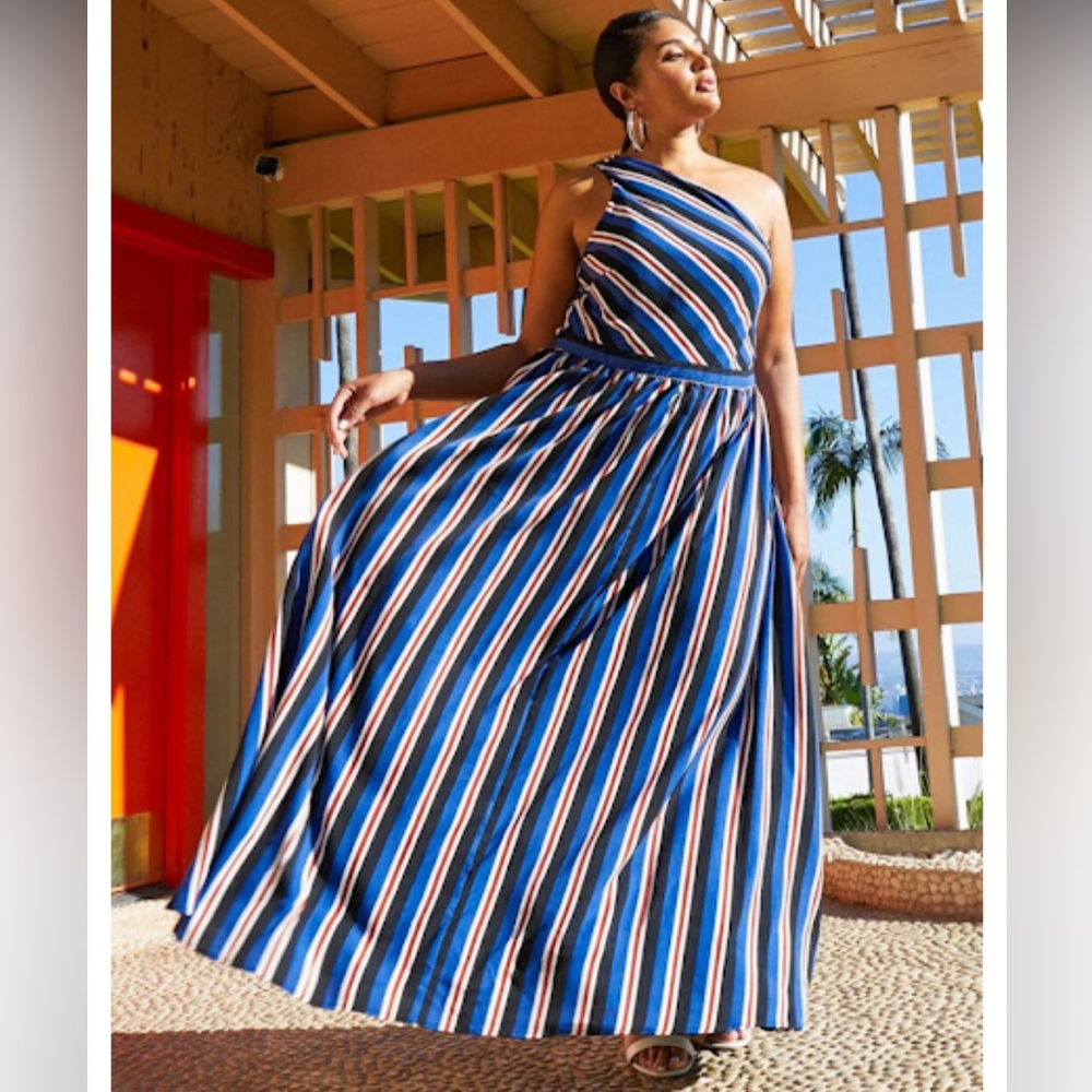 One-Shoulder Blue Striped Maxi Dress